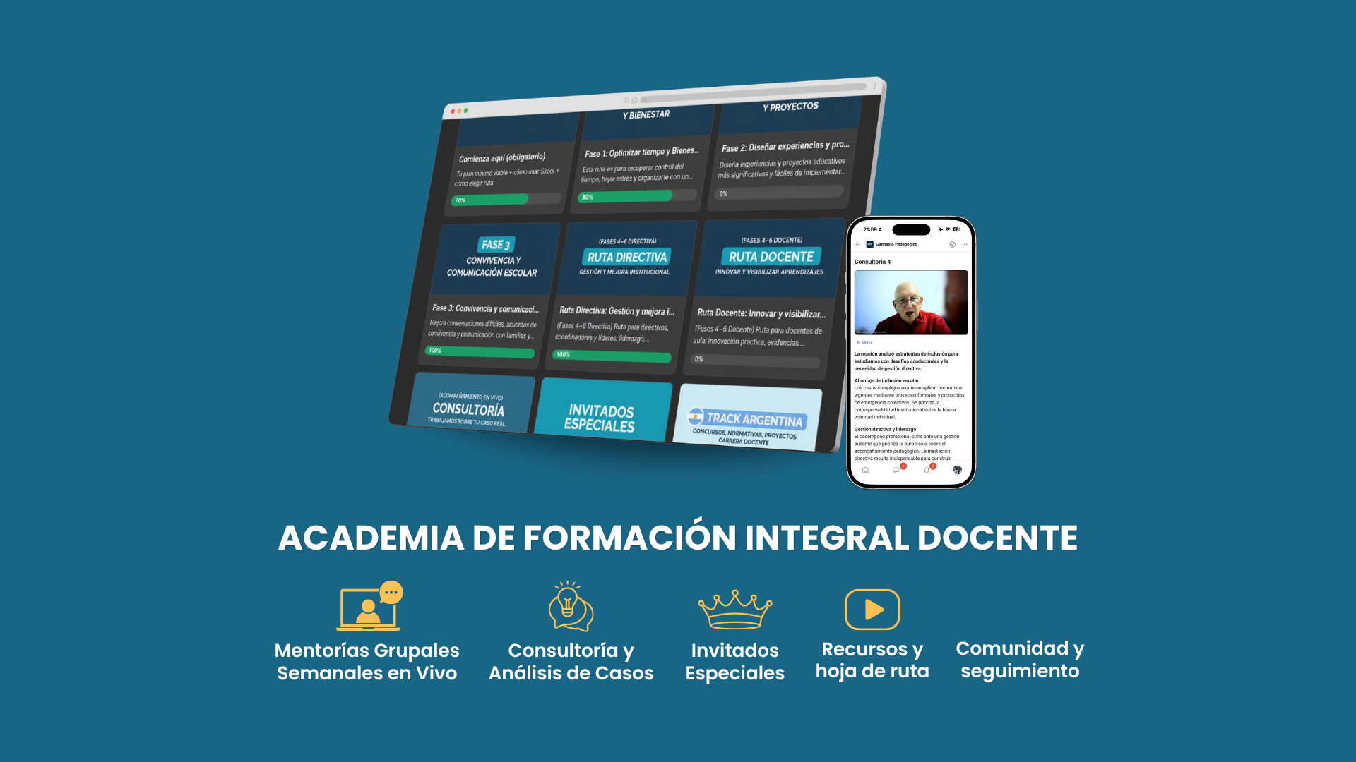 Plataforma de Gimnasio Pedagógico: rutas de formación, consultoría en vivo e invitados especiales en desktop y mobile